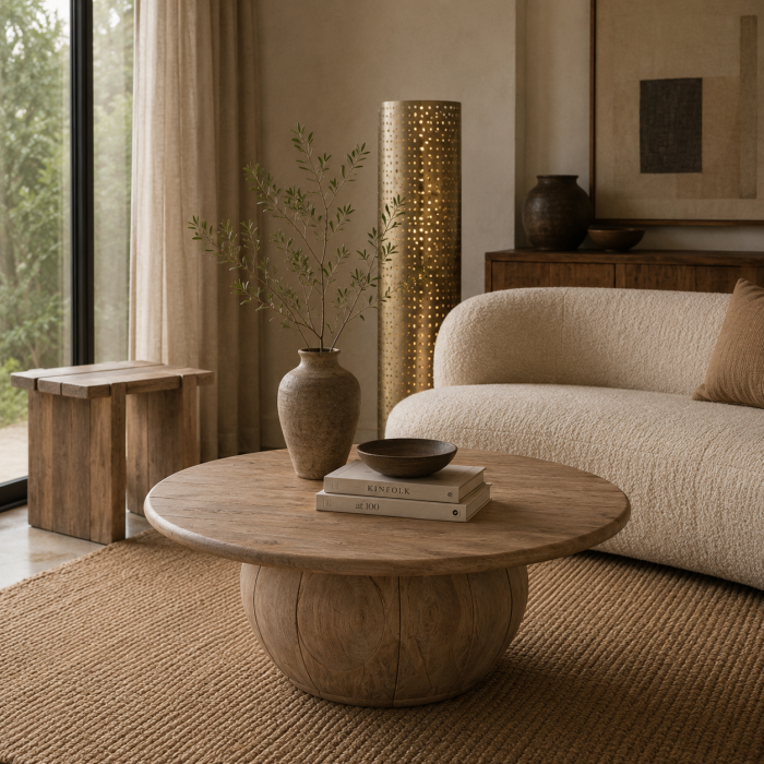 Măsuță de cafea rotundă din lemn de mango cu bază sculpturală Jacquard [2]