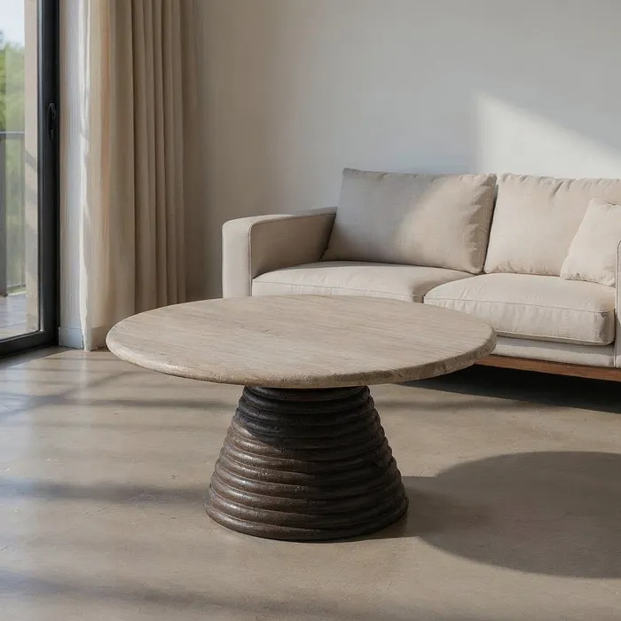 Măsuță rotundă marmură crem-bej și bază conică mango maro sculptat [1]