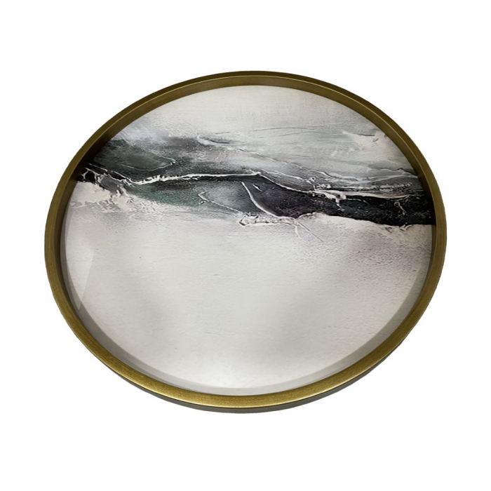Măsuță cafea rotundă MDF negru 60x45 cm, cu picioare metalice și design abstract. [2]