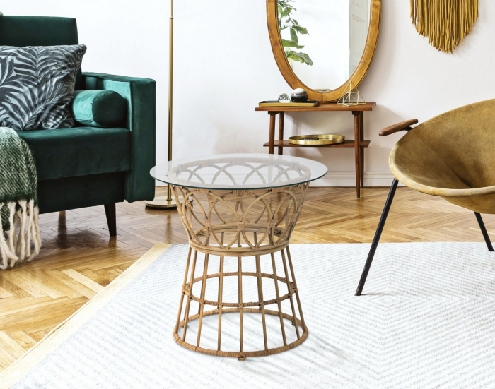 Masuta cafea rotunda ratan cu blat sticla boho chic CreativDeco [6]