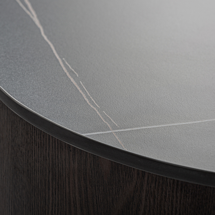 Masuta de cafea sculpturala si moderna din MDF si marmura sintetica neagra cu baza placata nuc Neufs 100x100x25 cm [6]