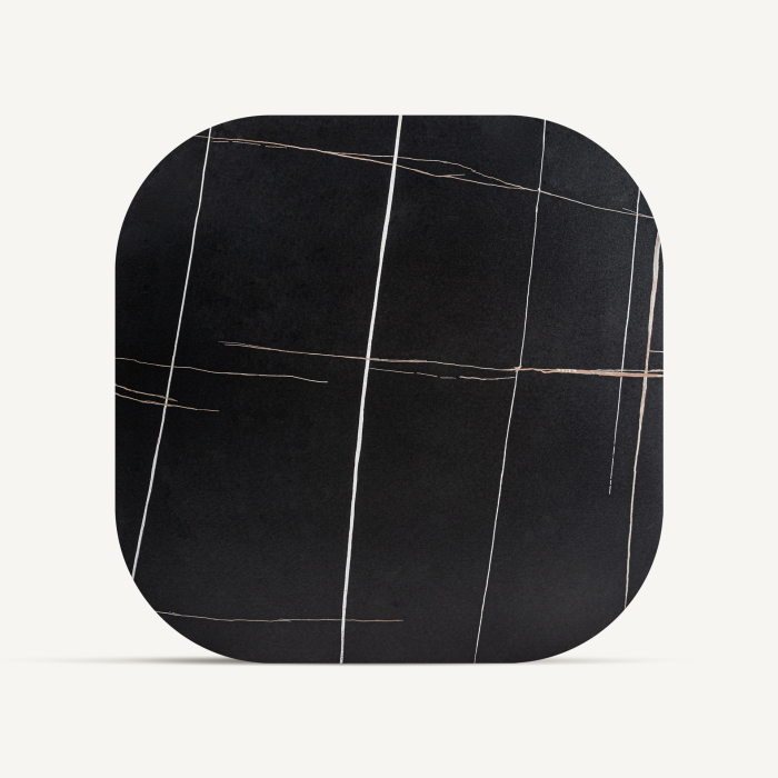 Masuta de cafea sculpturala si moderna din MDF si marmura sintetica neagra cu baza placata nuc Neufs 70x70x35 cm [3]