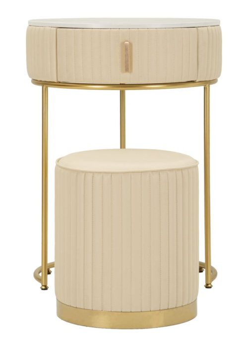 Măsuță de toaletă rotundă cu taburet tapițat și structură aurie modernă [3]