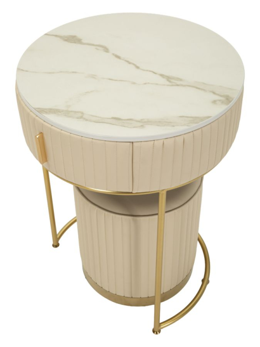 Măsuță de toaletă rotundă cu taburet tapițat și structură aurie modernă [7]