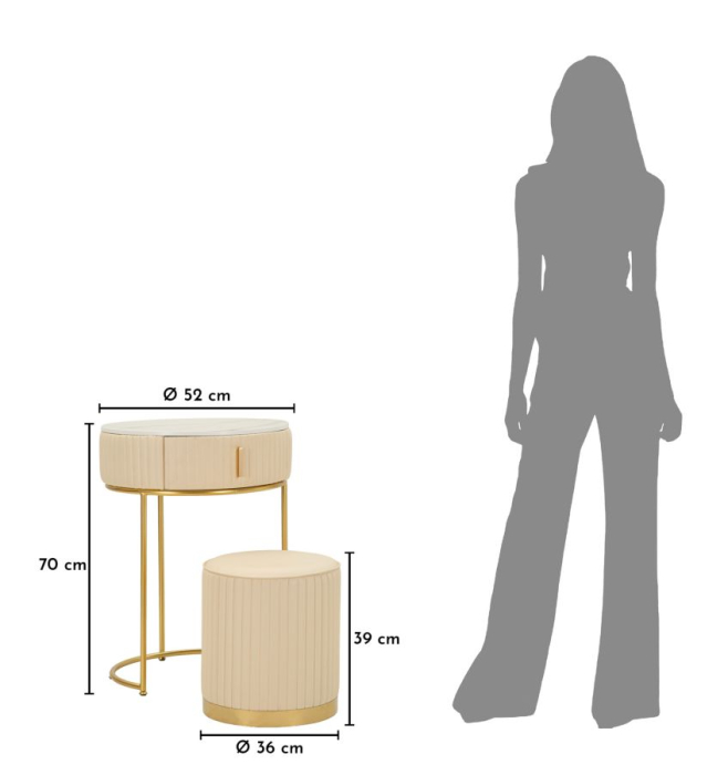 Măsuță de toaletă rotundă cu taburet tapițat și structură aurie modernă [9]