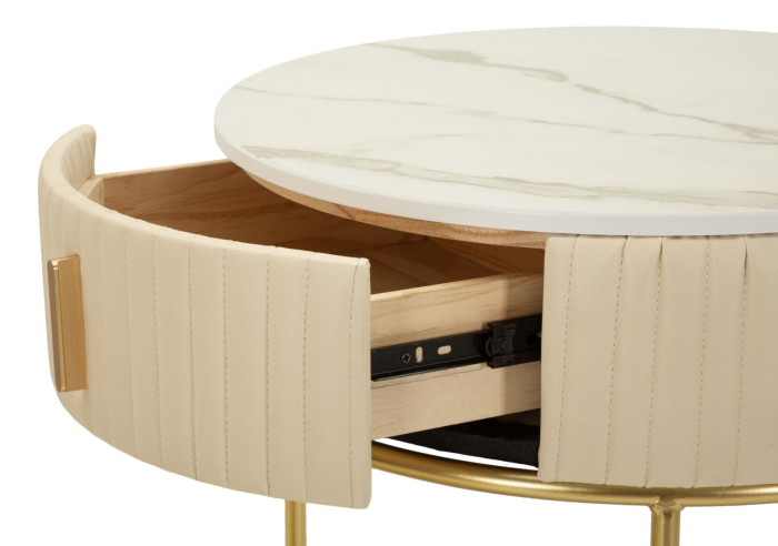 Măsuță de toaletă rotundă cu taburet tapițat și structură aurie modernă [8]