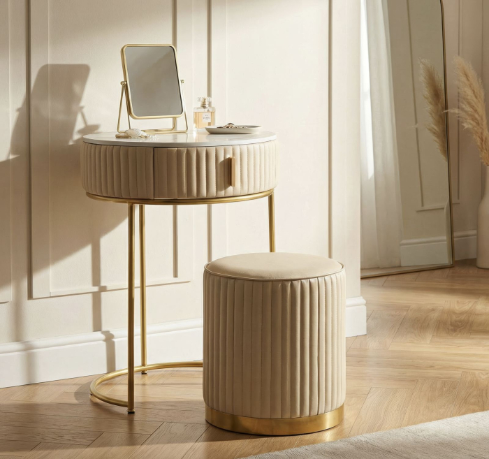 Măsuță de toaletă rotundă cu taburet tapițat și structură aurie modernă [2]