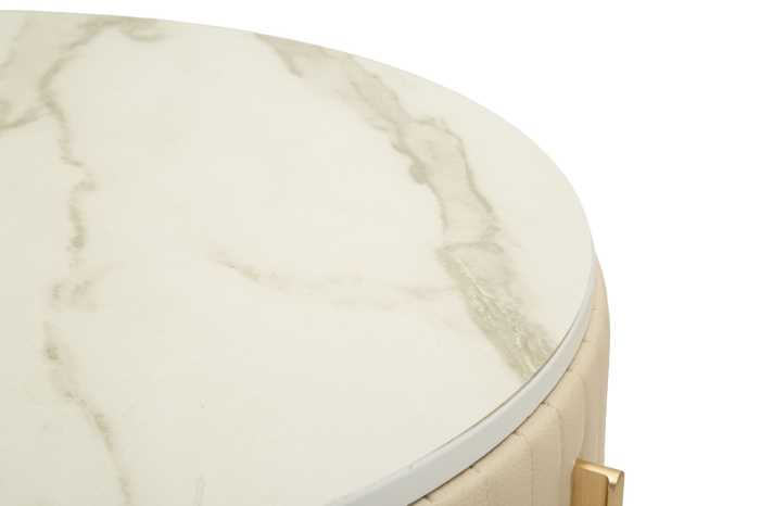 Măsuță de toaletă rotundă cu taburet tapițat și structură aurie modernă [6]