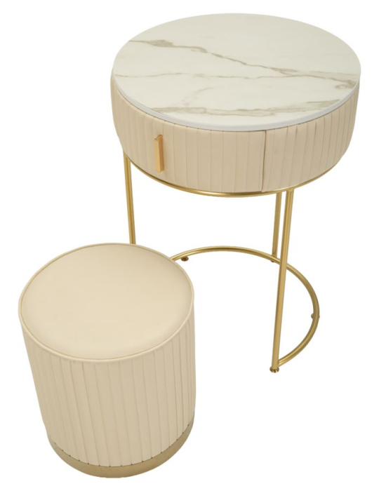 Măsuță de toaletă rotundă cu taburet tapițat și structură aurie modernă [4]