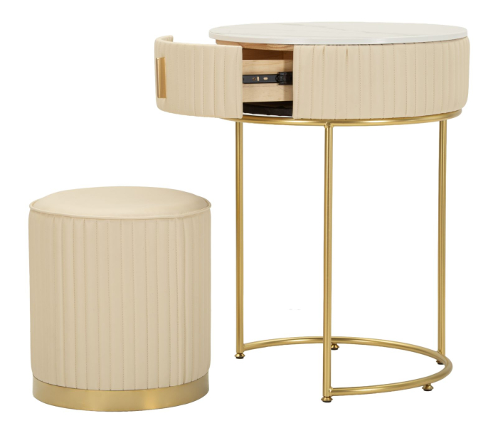 Măsuță de toaletă rotundă cu taburet tapițat și structură aurie modernă [5]