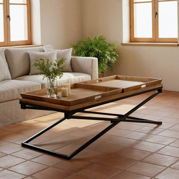Măsuță din lemn de mango cu tăvi detașabile și bază metalică Natural pentru livinguri moderne și boho. [1]