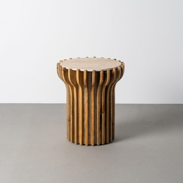 Masuta laterala din lemn de mango cu blat din marmura rotund [10]