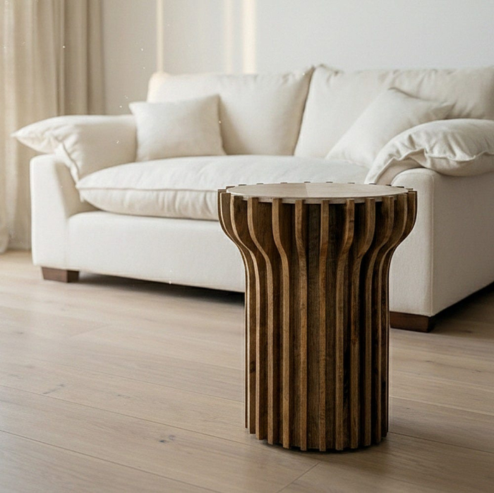 Masuta laterala din lemn de mango cu blat din marmura rotund [2]