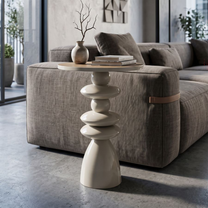 Măsuță laterală cu bază sculptată din pietre suprapuse și blat rotund din lemn [5]
