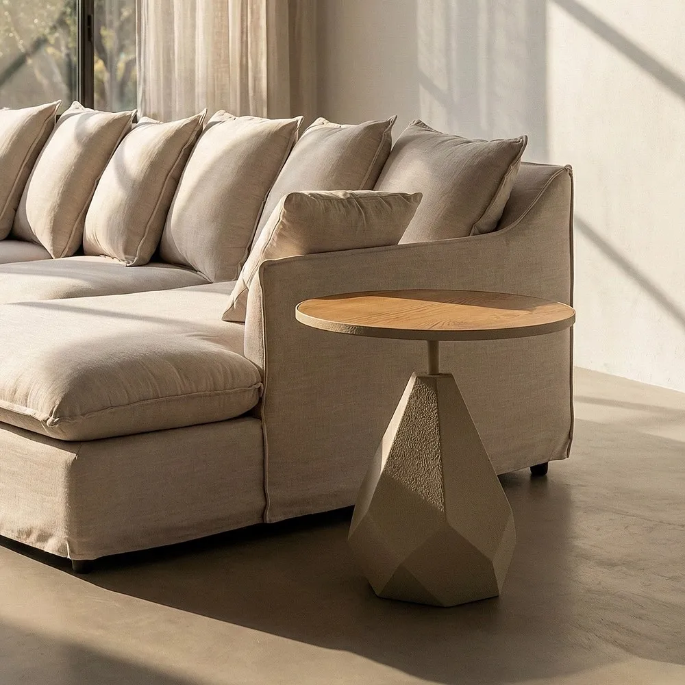 Masuta laterala geometrica moderna din metal crem si MDF [2]