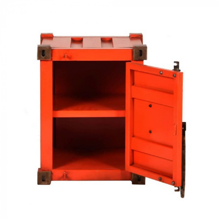 Măsuță laterală metal roșu 40x40x56 cm cu ușă frontală și inscripții decorative, design container eclectic. [2]