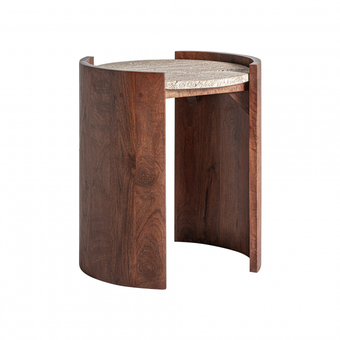 Măsuță laterală travertin bej și lemn mango maro, design geometric. [2]