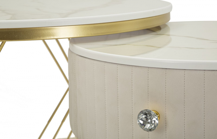 Set masute Votix aurii cu blat marmorat si sertar crem din catifea cu buton cristal [5]