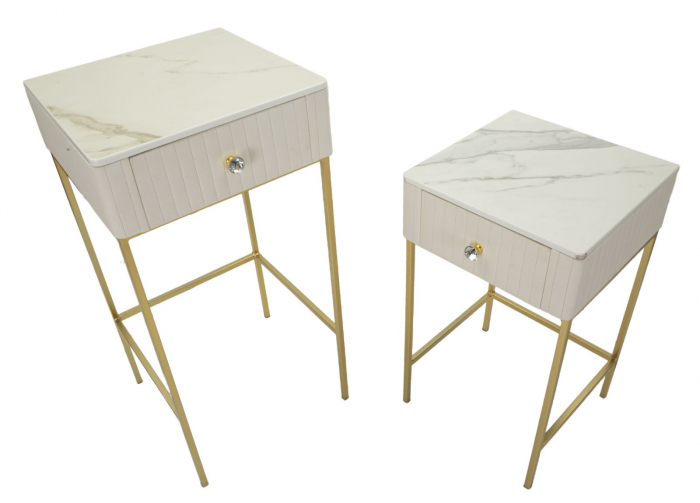 Set masute Wedding aurii cu sertare crem din catifea si blat marmorat alb [5]