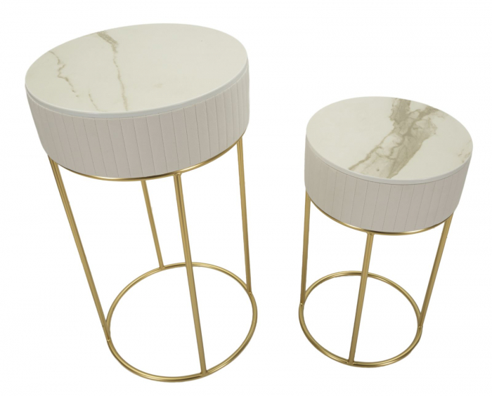Set masute Wedding rotunde aurii cu blat marmorat si baza catifea crem [2]