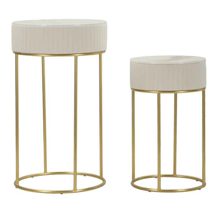 Set masute Wedding rotunde aurii cu blat marmorat si baza catifea crem [1]