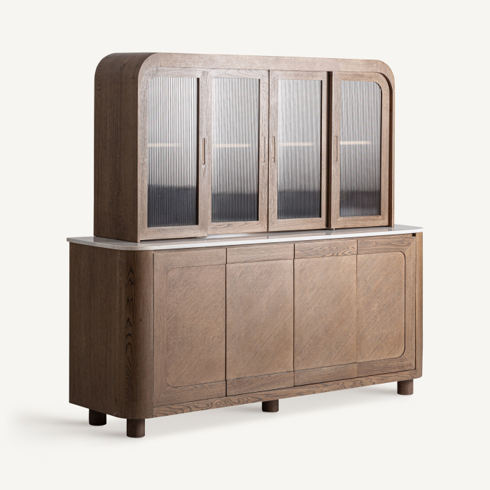 Mobilier de bar din stejar maro cu uși de sticlă striată deasupra și uși pline dedesubt [2]