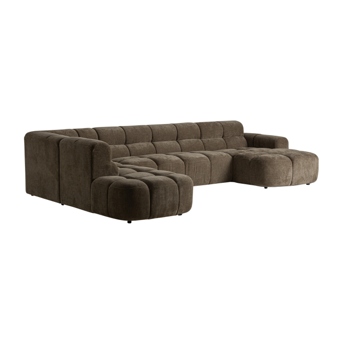 Modul canapea de colț cu braț rotunjit din stofă verde și cusături geometrice vizibile [2]