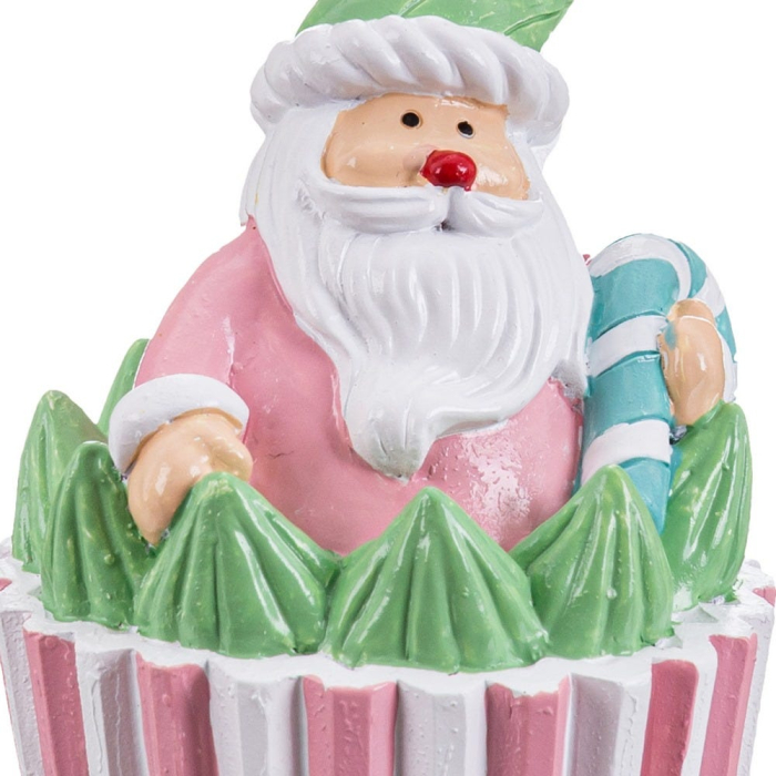 Moș Crăciun într-un cupcake din rășină cu căciulă verde cu pompon roz hârtie în dungi și baston [2]