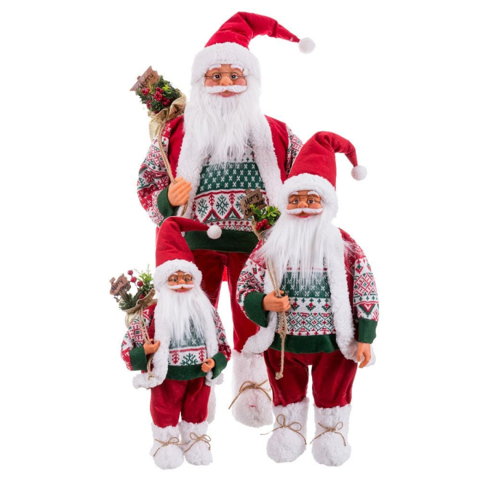 Moș Crăciun textil mediu în picioare cu pulover nordic vestă albă și pantaloni de catifea roșie [3]