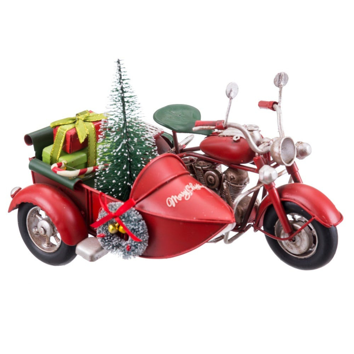 Motocicletă retro cu ataș din metal roșu cu brăduț împodobit cadouri ghidon cromat și roți cu spițe [3]