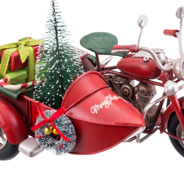 Motocicletă retro cu ataș din metal roșu cu brăduț împodobit cadouri ghidon cromat și roți cu spițe [4]