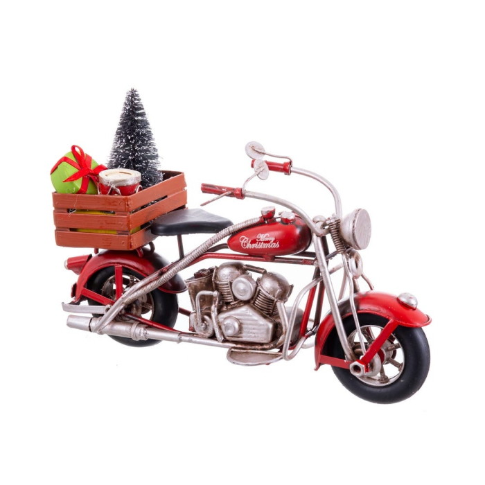 Motocicletă retro din metal cu ghidon cromat ladă de lemn și brăduț de Crăciun pentru bufet sau birou [2]