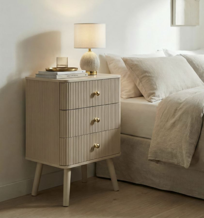 Noptieră albă din lemn de pin și MDF cu trei sertare texturate design modern [2]