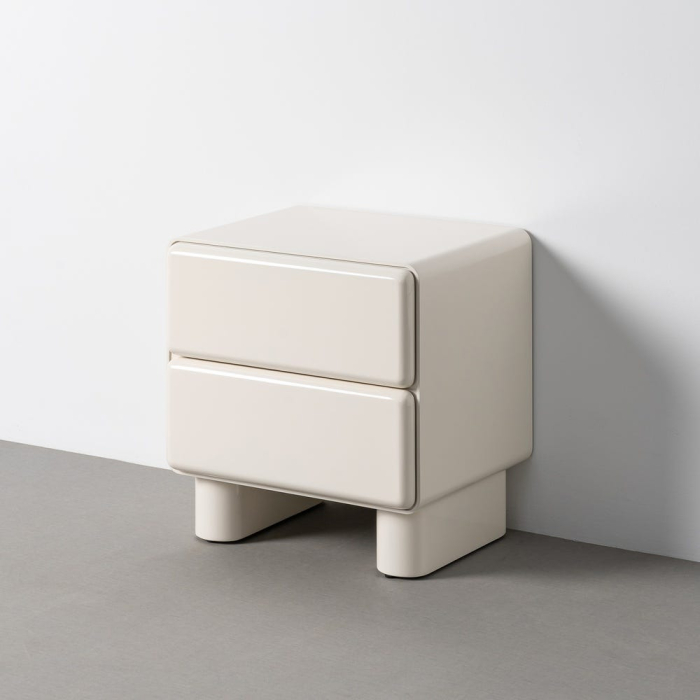 Noptiera din MDF lacuit crem cu doua sertare design minimalist sculptural [2]