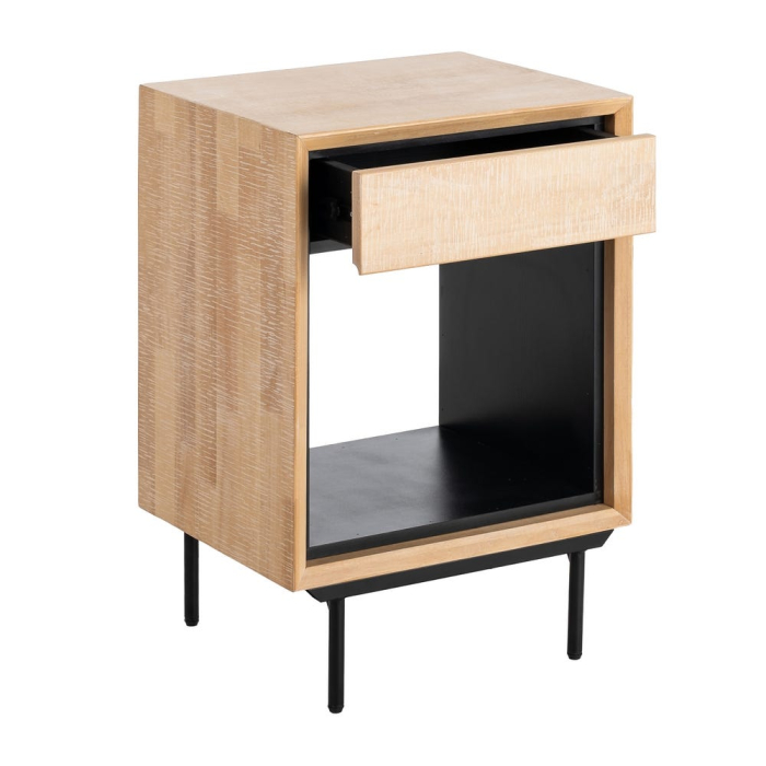 Noptieră din lemn natur cu sertar și nișă picioare metalice negre – imagine principală [3]