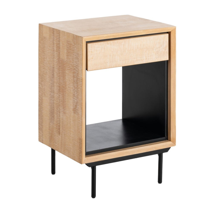 Noptieră din lemn natur cu sertar și nișă picioare metalice negre – imagine principală [2]