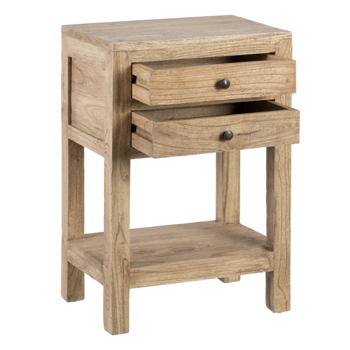 Noptieră din lemn natural de mindi cu 2 sertare și raft 45x30x66 cm [3]