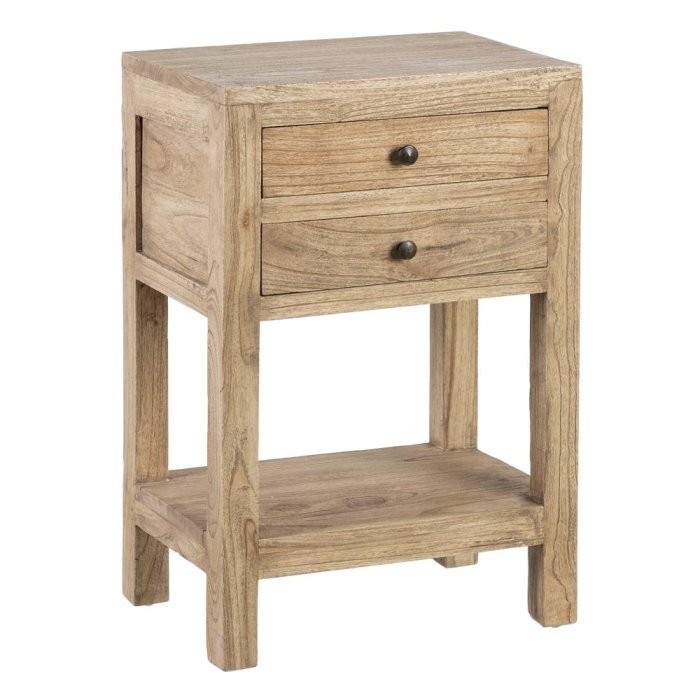 Noptieră din lemn natural de mindi cu 2 sertare și raft 45x30x66 cm [3]