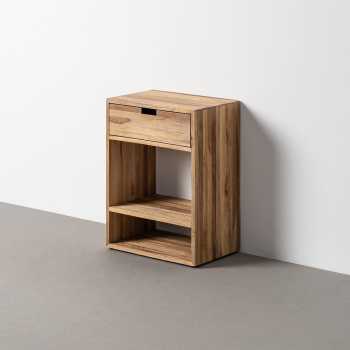 Noptieră din lemn reciclat de tec maro cu sertar si raft deschis 45x30x60 cm [11]