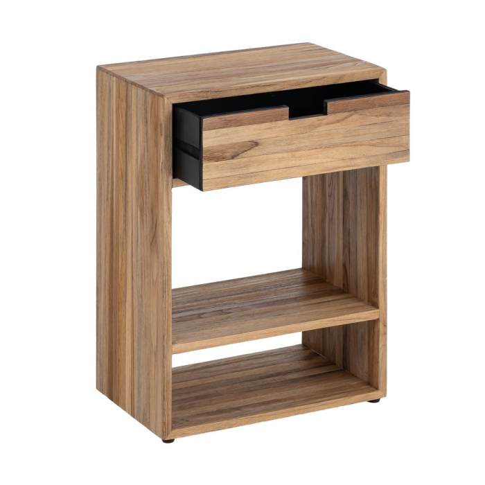 Noptieră din lemn reciclat de tec maro cu sertar si raft deschis 45x30x60 cm [4]