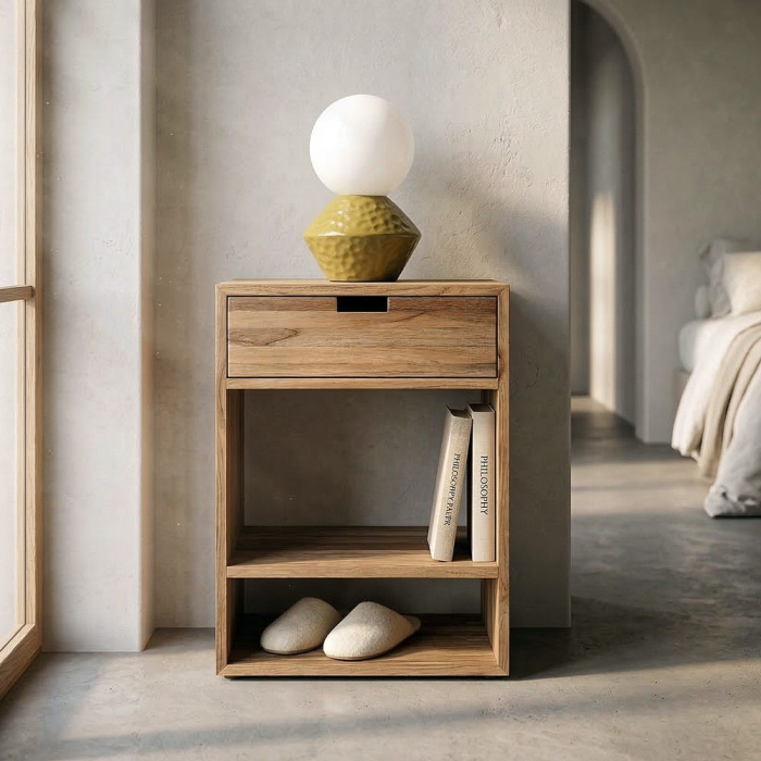 Noptieră din lemn reciclat de tec maro cu sertar si raft deschis 45x30x60 cm [2]