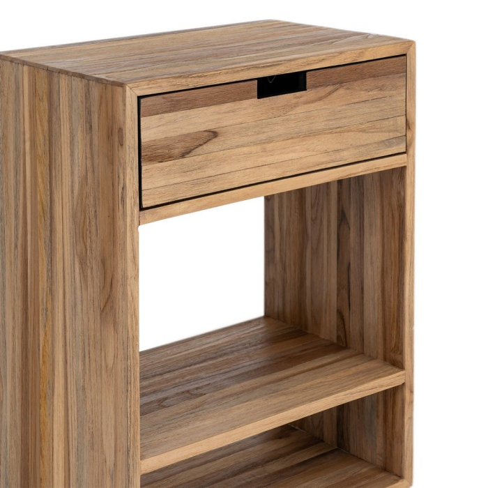 Noptieră din lemn reciclat de tec maro cu sertar si raft deschis 45x30x60 cm [5]