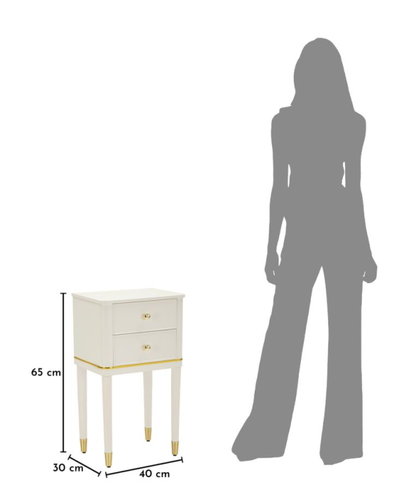 Noptieră albă din lemn de pin și MDF cu două sertare și accente aurii design elegant [7]