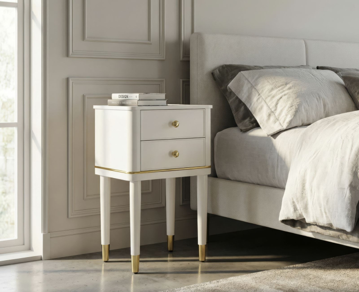 Noptieră albă din lemn de pin și MDF cu două sertare și accente aurii design elegant [6]