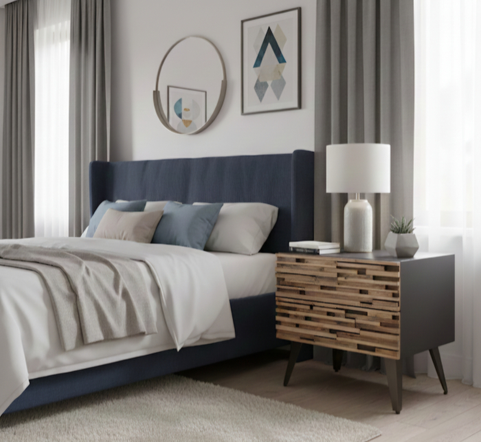 Noptiera Coast negru natural lemn sertare industrial [2]