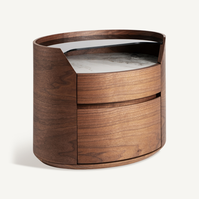 Noptieră ovală maro, cu două sertare curbate și nișă cu ceramică albă sub sticlă fumurie [2]
