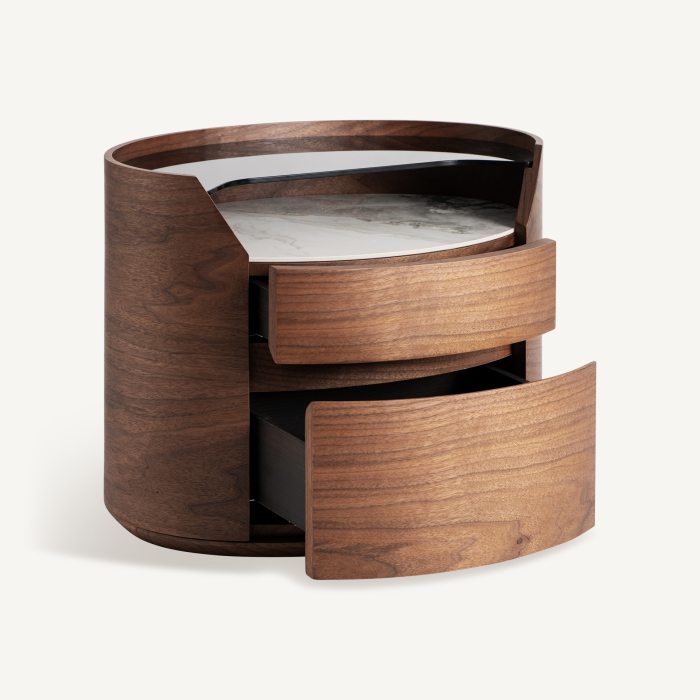 Noptieră ovală maro, cu două sertare curbate și nișă cu ceramică albă sub sticlă fumurie [3]