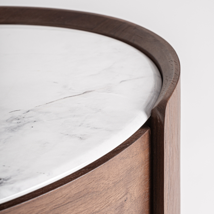 Noptieră rotundă din lemn maro cu blat din piatră sinterizată albă [7]