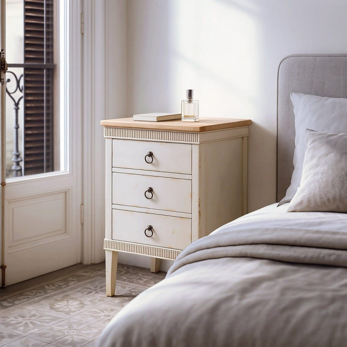 Noptieră shabby chic crem cu blat natur și 3 sertare [1]