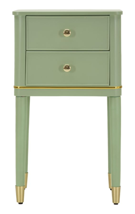 Noptieră verde salvie din lemn de pin și MDF cu două sertare și accente aurii design elegant [2]
